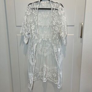 Lane Bryant kimono duster white mesh embroidered lace Boho Cowgirl Western 14/16
